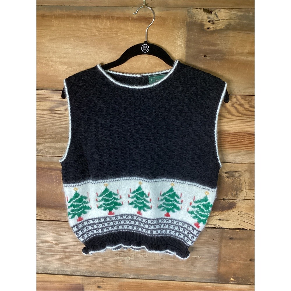 Vtg Cullinane Christmas Tree Wool/Angora Pullover Blk Sweater Vest Sz L